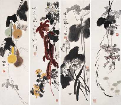 谢之光 1975年作 花卉 四屏